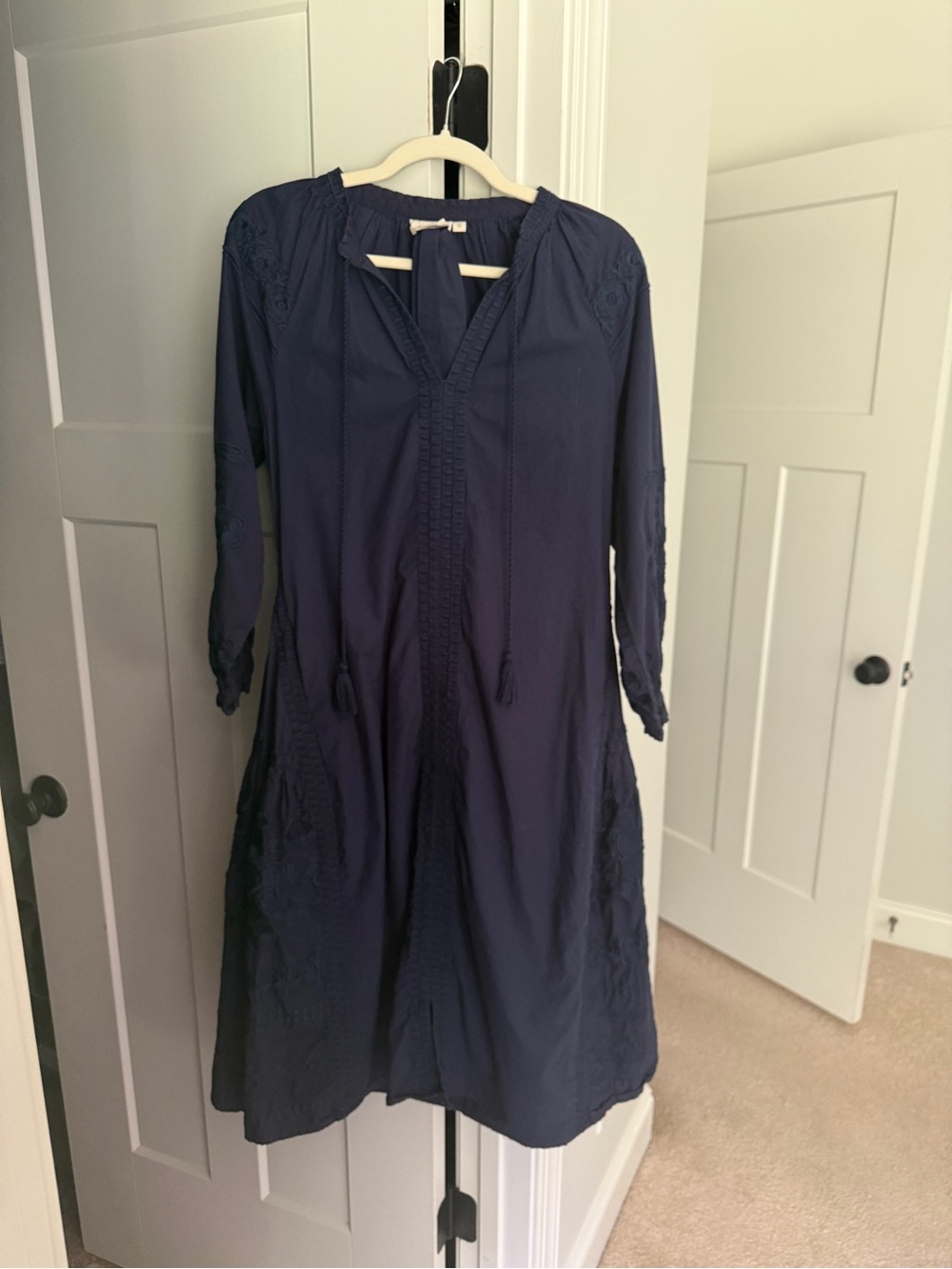 Julia Amory Coatue Caftan Long Sleeve Embroidered Dress Navy Blue Maxi